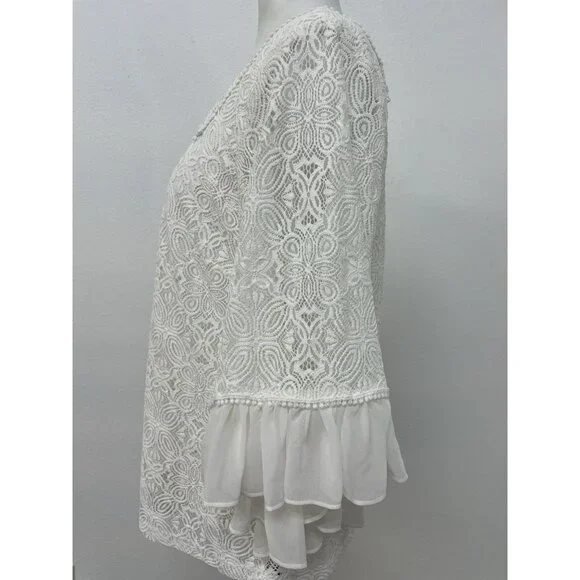 White House Black Market Lined White Lace Top Chiffon Ruffle Sleeves Sze S - Picture 5 of 16
